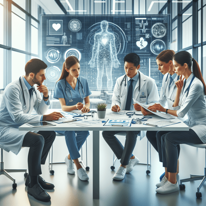 A diverse group of healthcare professionals, including a Caucasian woman, an Asian man, and a Hispanic woman, engaged in a collaborative discussion in