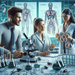 A diverse group of three people in a laboratory setting, consisting of a Caucasian man, an Asian woman, and a Hispanic woman, closely examining diagra