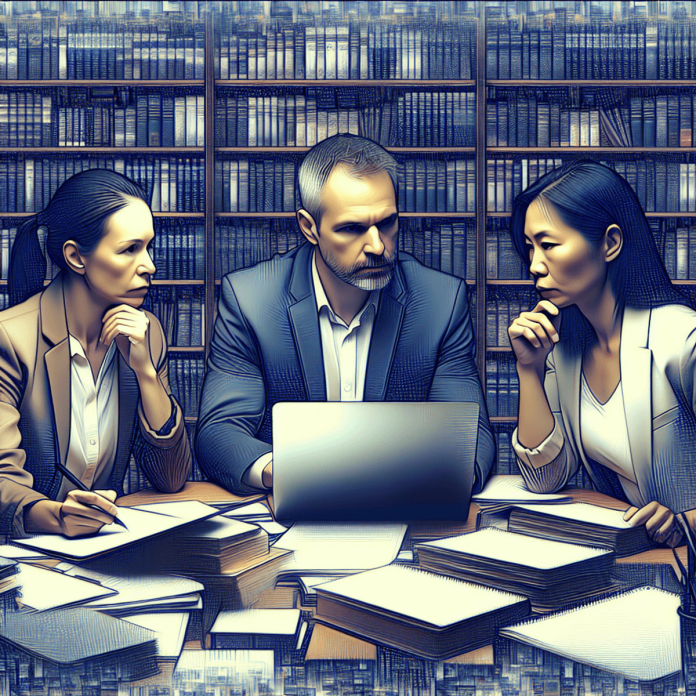 Three academic professionals, a Caucasian woman, a Hispanic man, and an Asian woman, are gathered around a cluttered desk filled with laptops and scat