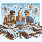 Three scholars of diverse descent—Caucasian, Asian, and Hispanic—collaborate intently on a laptop in a cozy scholarly setting. They are surrounded by